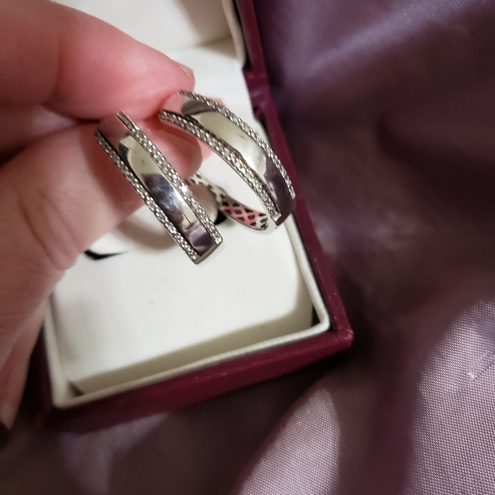 Large Helzberg Sterling Diamond Hoop Earrings - Picture 1 of 9